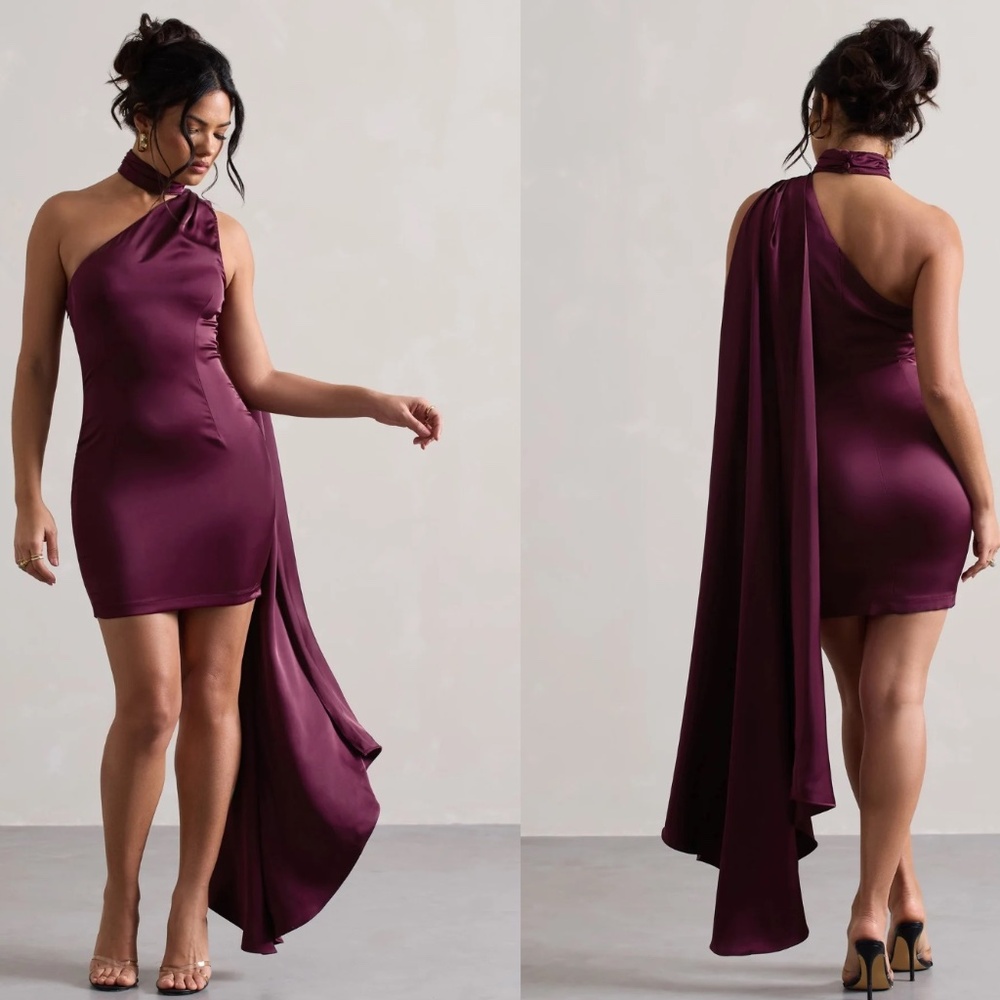 PLUM WINE ONE SHOULDER MINI DRESS WITH SCARF SATIN